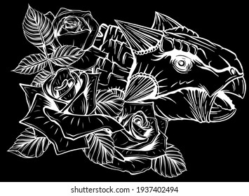 dinosaur and roses silhouette in black background. vector design. Concept art drawing.