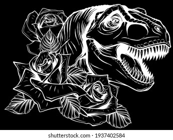 dinosaur and roses silhouette in black background. vector design. Concept art drawing.