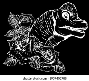 dinosaur and roses silhouette in black background. vector design. Concept art drawing.