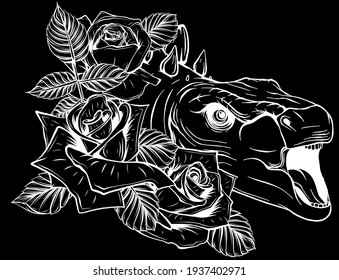dinosaur and roses silhouette in black background. vector design. Concept art drawing.
