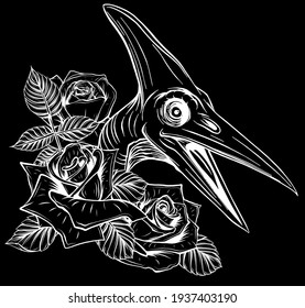dinosaur and roses silhouette in black background. vector design. Concept art drawing.