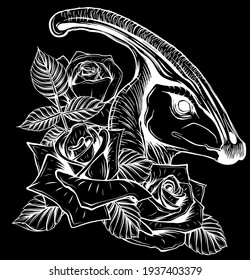 dinosaur and roses silhouette in black background. vector design. Concept art drawing.