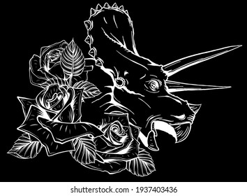 dinosaur and roses silhouette in black background. vector design. Concept art drawing.