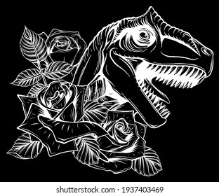 dinosaur and roses silhouette in black background. vector design. Concept art drawing.