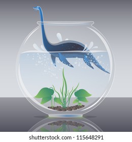 Dinosaur in a round fish tank vector illustration