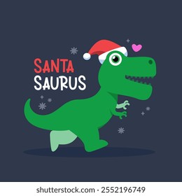 Um dinossauro está correndo com chapéu de natal. Ilustração de vetor isolada