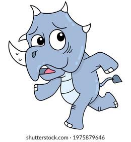 a dinosaur is running with a scared facial expression of being chased, vector illustration art. doodle icon image kawaii.