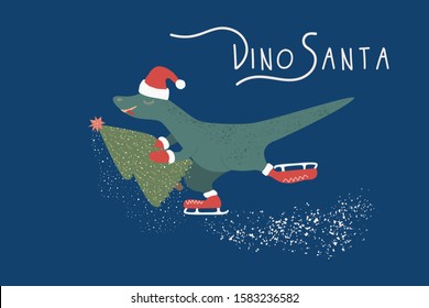 Dinosaur Santa with Christmas tree on blue background. Vector illustration.