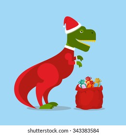 Dinosaur Santa Claus. T-Rex in  Christmas hat. Tyrannosaurus with gift bag. Hilarious lizard with  smile from new year. Holiday postcard, poster.
