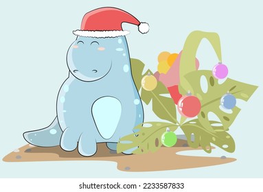 Dinosaur in Santas hat adorned fern by new year