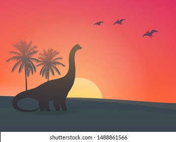 dinosaur, sauropod at sunset vector illustration