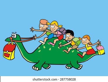 dinosaur and school children, vector illustration