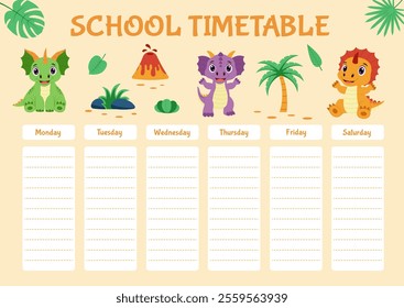 Dinosaur school timetable. Timetble with dinosaurs and tropical plants.