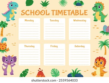 Dinosaur school timetable. Timetble with dinosaurs and tropical plants.