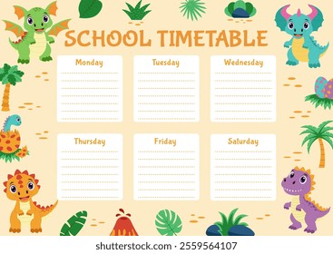 Dinosaur school timetable. Timetble with dinosaurs and tropical plants.