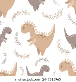 Dinosaur seamless pattern in cartoon flat style. Cute dino digital paper perfect for scrapbook paper, decor, background, fabric. Hand drawn vector pattern