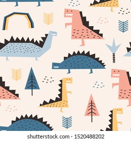 Dinosaur seamless pattern with childish drawing pastel colors