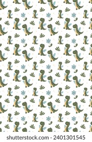 Dinosaur seamless pattern. Сhildish pattern with cute dinosaur, birthday greeting card. Animal seamless background, cute vector texture for kids bedding, wallpaper, wrapping paper, textile, t-shirt