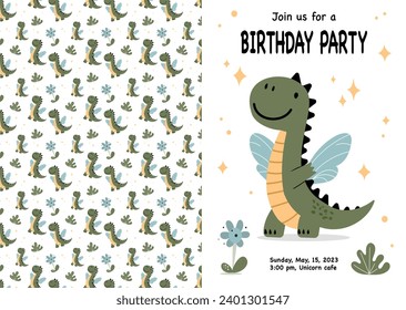 Dinosaur seamless pattern. Сhildish pattern with cute dinosaur, birthday greeting card. Animal seamless background, cute vector texture for kids wallpaper, wrapping paper, textile, t-shirt print