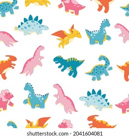 dinosaur seamless pattern. cute cartoon dinosaur, reptile, dragon, monster flat pattern. Seamless texture with baby kid animal. Stock vector illustration on a white background.