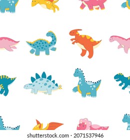 dinosaur seamless pattern. cute cartoon triceratops, reptile, dragon, monster flat pattern. Seamless texture with baby kid animal. Stock vector illustration on a white background.