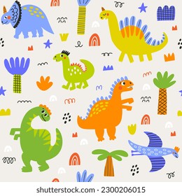 Dinosaur seamless pattern cute cartoon animal background. Hand drawn in kid style . The design used for print, wallpaper, fabric, textile Kids vector illustration