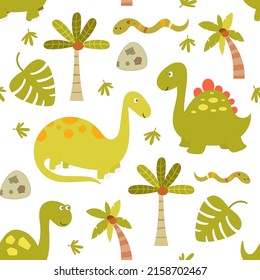 Dinosaur Seamless pattern - cute dinosaurs, coconut palm tree, green snake on white background. Vector kids illustration for nursery design. Dino pattern for baby clothes, wrapping paper.