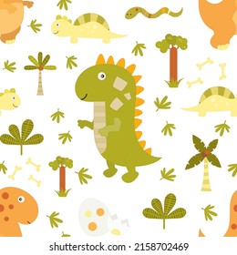 Dinosaurios Patrón sin foco - lindos dinosaurios, plantas tropicales, palmeras, huevos sobre fondo de jungla. Ilustración infantil vectorial para el diseño de guarderías. Patrón de dino para ropa de bebé, papel de envoltura.