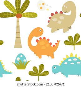 Dinosaur Seamless pattern - cute dinosaurs, coconut palm tree, egg on white background. Vector kids illustration for nursery design. Dino pattern for baby clothes, wrapping paper.