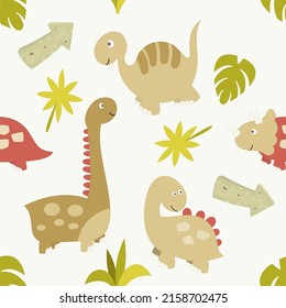 Dinosaur Seamless pattern - cute dinosaurs, tropical plants, stone arrow on white background. Vector kids illustration for nursery design. Dino pattern for baby clothes, wrapping paper.