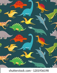 Dinosaur seamless pattern. Cute kids dinosaurs, colorful dragons typography print or textile fabric. Vector dino monster for kids nursery cartoon wallpaper designs
