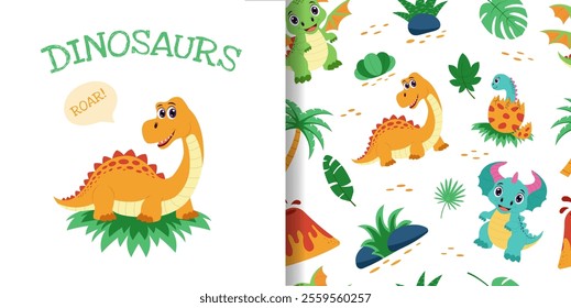 Dinosaur seamless pattern. Pattern with dinosaurs and tropical plants.