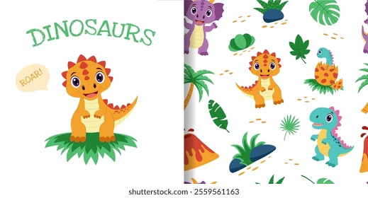 Dinosaur seamless pattern. Pattern with dinosaurs and tropical plants.