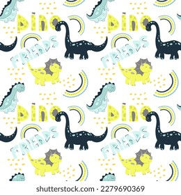 Dinosaur seamless pattern in doodle style. Vector illustration