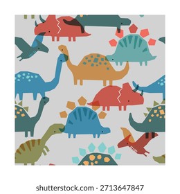 Patrón sin fisuras de dinosaurio con personajes prehistóricos coloridos sobre fondo gris