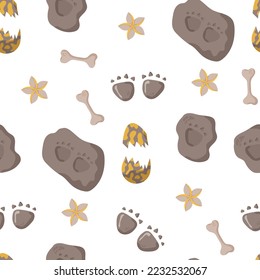 Dinosaur seamless pattern footprint tracks. Minimal color background with paw, stones, rainbow. Dinosaur footprint seamless pattern perfect for textile, wrap and wallpaper and design.