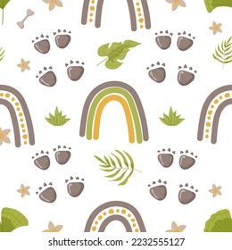 Dinosaur seamless pattern footprint tracks. Minimal color background with paw, stones, rainbow. Dinosaur footprint seamless pattern perfect for textile, wrap and wallpaper and design.