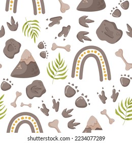 Dinosaur seamless pattern footprint tracks. Minimal color background with paw, stones, rainbow. Dinosaur footprint seamless pattern perfect for textile, wrap and wallpaper and design.