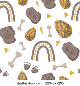 Dinosaur seamless pattern footprint tracks. Minimal color background with paw, stones, rainbow. Dinosaur footprint seamless pattern perfect for textile, wrap and wallpaper and design.
