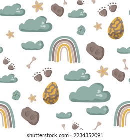 Dinosaur seamless pattern footprint tracks. Minimal color background with paw, stones, rainbow. Dinosaur footprint seamless pattern perfect for textile, wrap and wallpaper and design.
