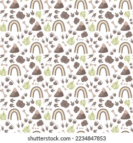 Dinosaur seamless pattern footprint tracks. Minimal color background with paw, stones, rainbow. Dinosaur footprint seamless pattern perfect for textile, wrap and wallpaper and design.