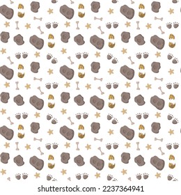 Dinosaur seamless pattern footprint tracks. Minimal color background with paw, stones, rainbow. Dinosaur footprint seamless pattern perfect for textile, wrap and wallpaper and design.