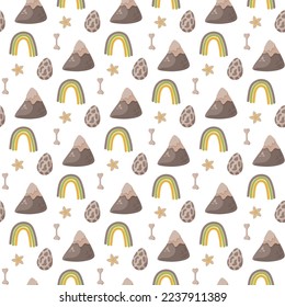 Dinosaur seamless pattern footprint tracks. Minimal color background with paw, stones, rainbow. Dinosaur footprint seamless pattern perfect for textile, wrap and wallpaper and design.