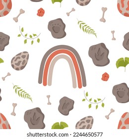 Dinosaur seamless pattern footprint tracks. Minimal color background with paw, stones, rainbow. Dinosaur footprint seamless pattern perfect for textile, wrap and wallpaper and design.