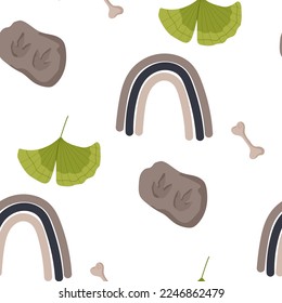 Dinosaur seamless pattern footprint tracks. Minimal color background with paw, stones, rainbow. Dinosaur footprint seamless pattern perfect for textile, wrap and wallpaper and design.