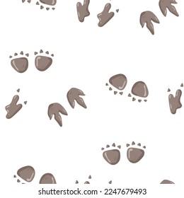 Dinosaur seamless pattern footprint tracks. Minimal color background with paw, stones, rainbow. Dinosaur footprint seamless pattern perfect for textile, wrap and wallpaper and design.