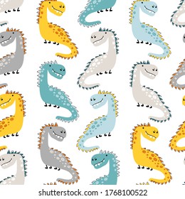 Dinosaur seamless pattern. Funny Vector illustration Dino Allosaurus in cartoon Scandinavian style. Childish design for baby clothes, bedding, textiles, nursery wall art, and card.