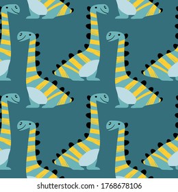 Dinosaur seamless pattern. Funny Vector illustration Dino Brachiosaurus in cartoon Scandinavian style. Childish design for baby clothes, bedding, textiles, nursery wall art, and card.