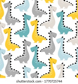 Dinosaur seamless pattern. Funny Vector illustration Dino in cartoon Scandinavian style. Childish design for baby clothes, bedding, textiles, nursery wall art, and card.