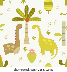 Dinosaur Seamless pattern - hand drawn dinosaurs, plants, cactus, palm tree on jungle background. Vector kids illustration for nursery design. Dino pattern for baby clothes, wrapping paper.